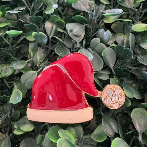 Vintage Red Enamel Santa Hat w/Rhinestone Accents Christmas Brooch - Picture 1 of 2